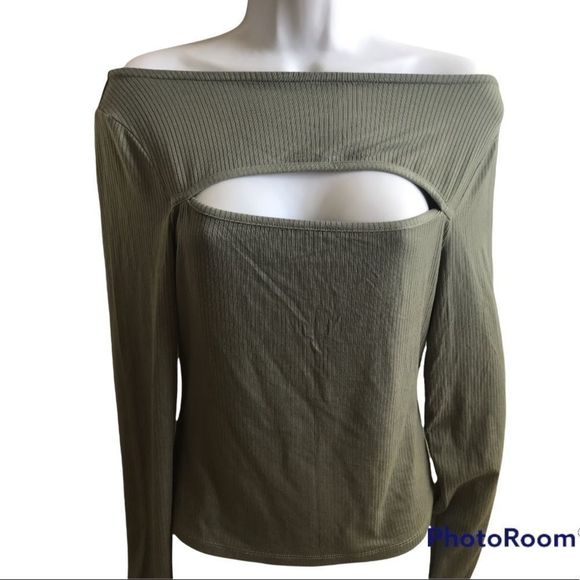 7 ForAll Mankind Light Olive Cutout Front Ribbed Knit Long Sleeves Top Sz M NEW - Picture 8 of 10